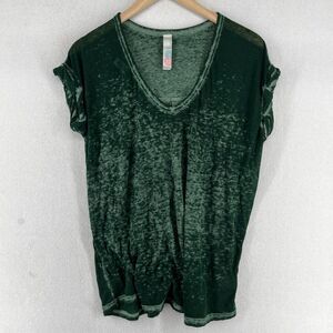 FREE PEOPLE Top XS FP BEACH Slub Semi Sheer Scoop Neck Roll Tab Sleeve Green